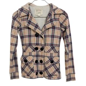 Billabong Plaid Double Breasted Pea Coat Cream Navy Woman's XS